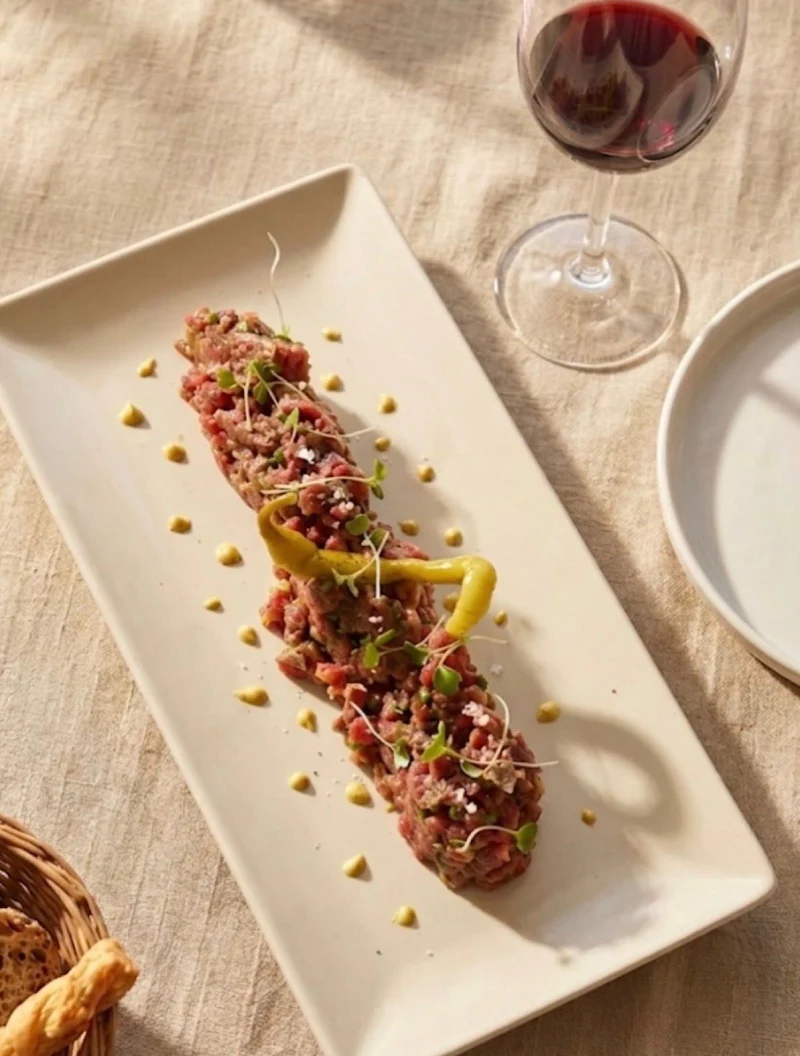 Un tartar con guindilla y brotes, en fuente blanca alargada