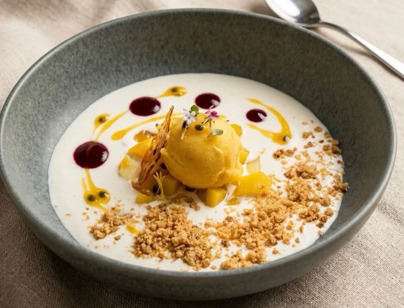 Postre: helado amarillo sobre crema, con crujiente y salsa de frutos rojos