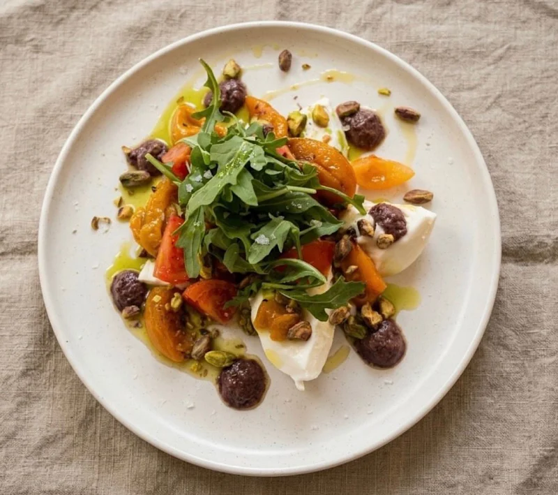 Stracciatella con melocotón, tomate, tapenade, rúcula y pistachos